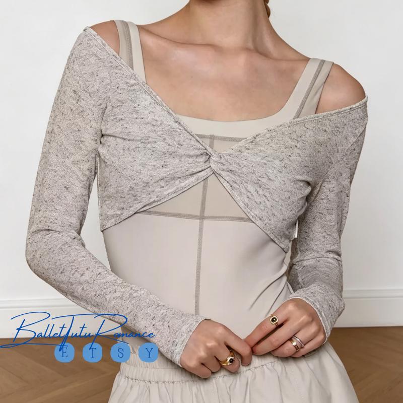 Ballet Twisted Knot Crop Top, Long Sleeve Dance Warm Up Top for Women