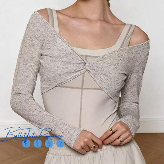 Ballet Twisted Knot Crop Top, Long Sleeve Dance Warm Up Top for Women