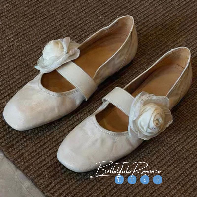 Lambskin Mary Jane Ballet Flats, Handmade Custom High-End Style Shoes with Floral