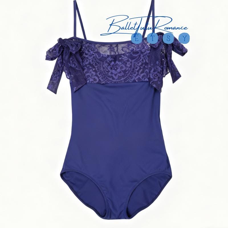 Blue Lace Applique Bow Tie Leotard | Adult Ballet Dancewear | Breathable Stretch Performance Outfit