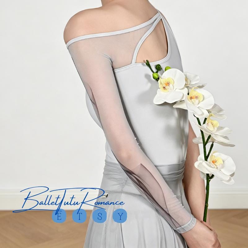 Modern Ballet Leotard, One-Sleeve Sheer Mesh, Light Gray Yoga Gymnastics Bodysuit