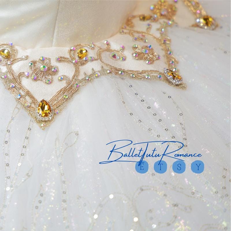 Luxury White Gold Embellished Ballet Tutu, Custom Adult Child High-end Ballet Costume