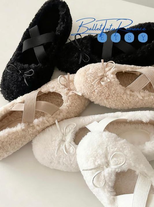 Handmade Mary Jane Ballet Shoes, Custom Warm Winter Flats, Ballet-Style Cozy Slip-Ons