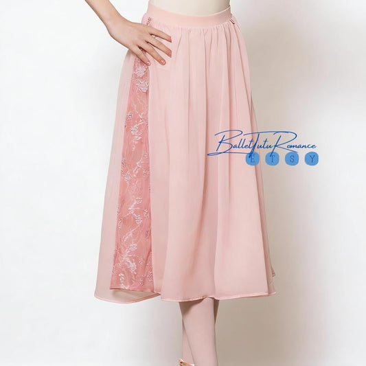 Girls Ballet Practice Skirt, Blush Chiffon with Floral Lace Side Panel, Child Ballet