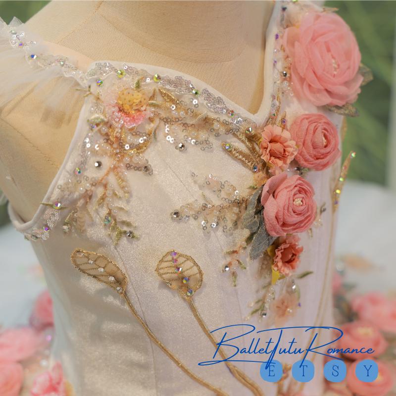 Handmade Pink Rose Embellished Ballet Tutu, Custom-fit Luxury Adult Kids Ballet Outfit,Aurora/Nutcracker