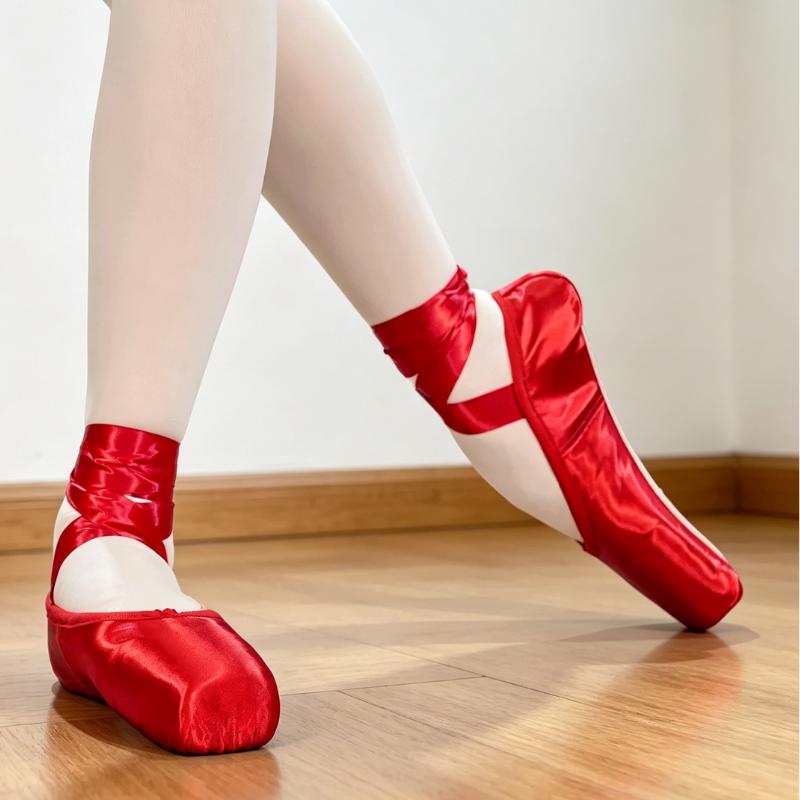 Satin Pointe Ballet Shoes for Adults & Kids, Beginner Ribbon Tie Dance Practice Shoes