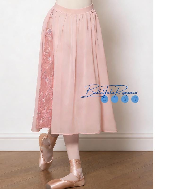 Girls Ballet Practice Skirt, Blush Chiffon with Floral Lace Side Panel, Child Ballet