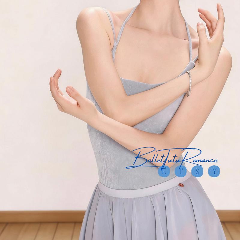 Light Blue Velvet Halter Neck Ballet Leotard: Luxury Adult Dancewear, Fit for Ballet & Contemporary