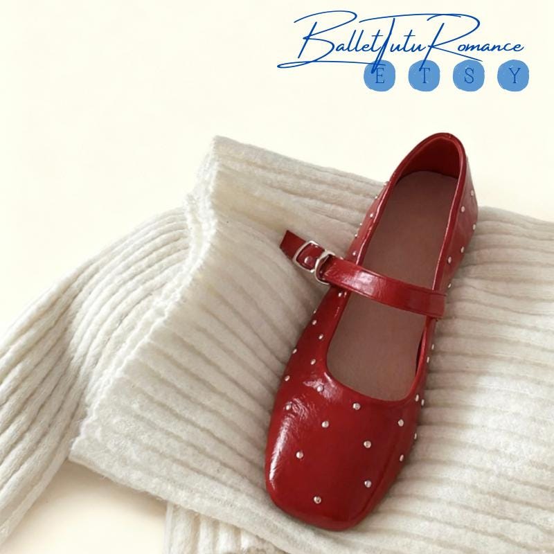 Lambskin Mary Jane Ballet Flats, Square Toe Buckle Strap Shoes for Women