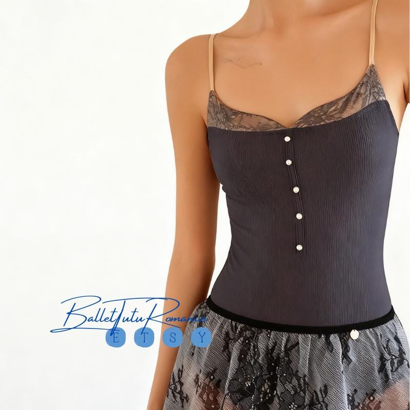 Baroque Lace Ribbed Knit Navy Ballet Leotard, Adult Dancewear Bodysuit, Ballet Practice Wear