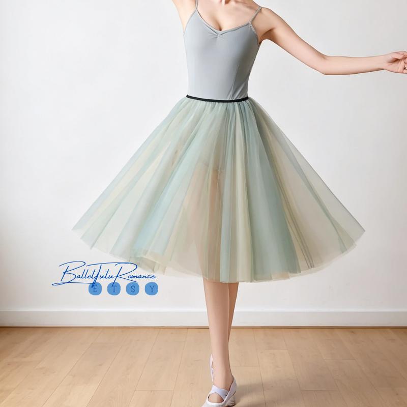 Custom Length Ombre Haze Green Ballet Tulle Skirt,  Gradient A-Line Tutu, Practice & Rehearsal Skirt
