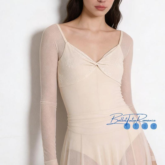 Beige Embroidered Long Sleeve Ballet Leotard, Mesh Adult Dance & Yoga Leotard
