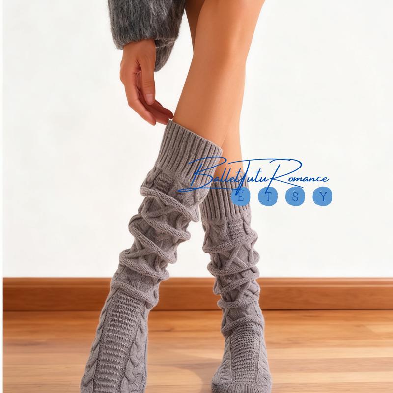 Double-Needle Thickened Knitted Cable-Knit Calf Socks Winter,Retro Cozy Warm Leg Casual Daily