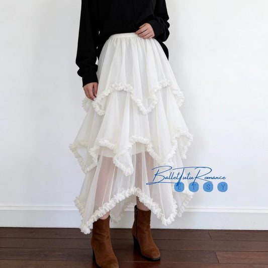 Black & White Ruffled Tulle Skirt,Ballet Style Custom Midi Skirt