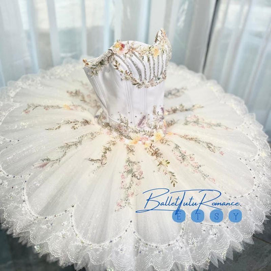 Custom Luxury White Floral Beaded Ballet Tutu: Professional Competition Costume, Adult & Child, Nutcracker/Aurora