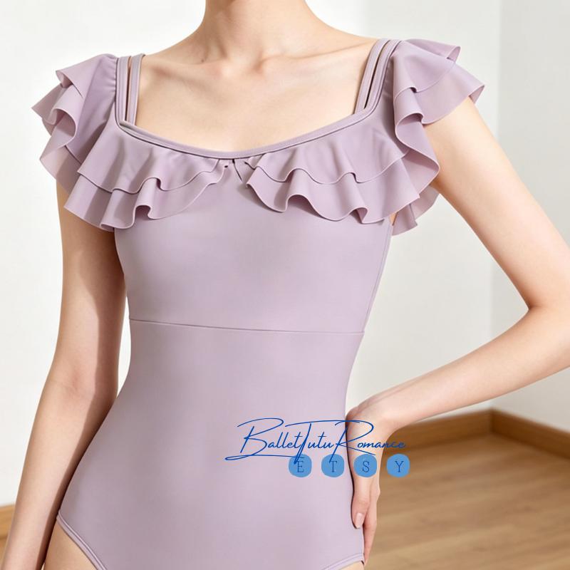 Ruffled Off-Shoulder Ballet Leotard, Women's Dance Training Bodysuit for Ballet & Gymnastics