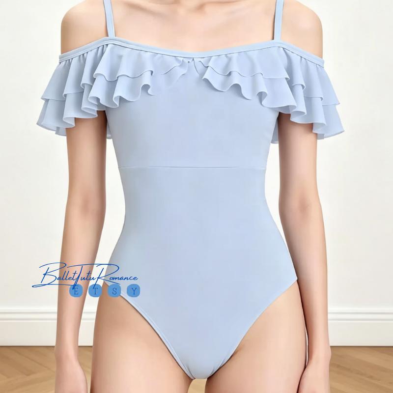 Ruffled Off-Shoulder Ballet Leotard, Women's Dance Training Bodysuit for Ballet & Gymnastics