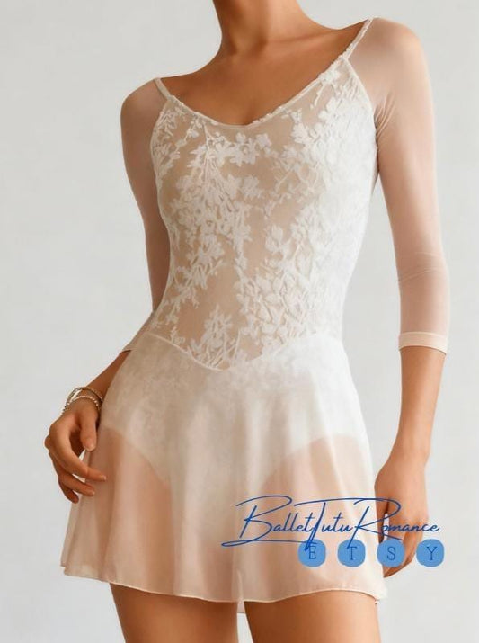 Ballet Bodysuit Set with Skirt, Fairy Mesh Panel, Elastic Breathable Slim-Fit Dancewear