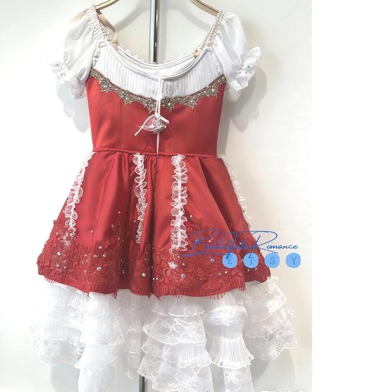 Custom White/Red Long Ballet Tutu,Blue Bow Coppelia Giselle Costume, Kids/Adult Competition