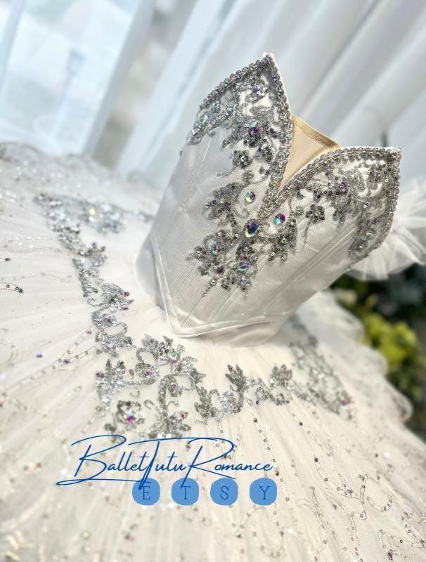 Customized Swan Lake Ballet Tutu, Custom White Rhinestone Performance Competition Costume
