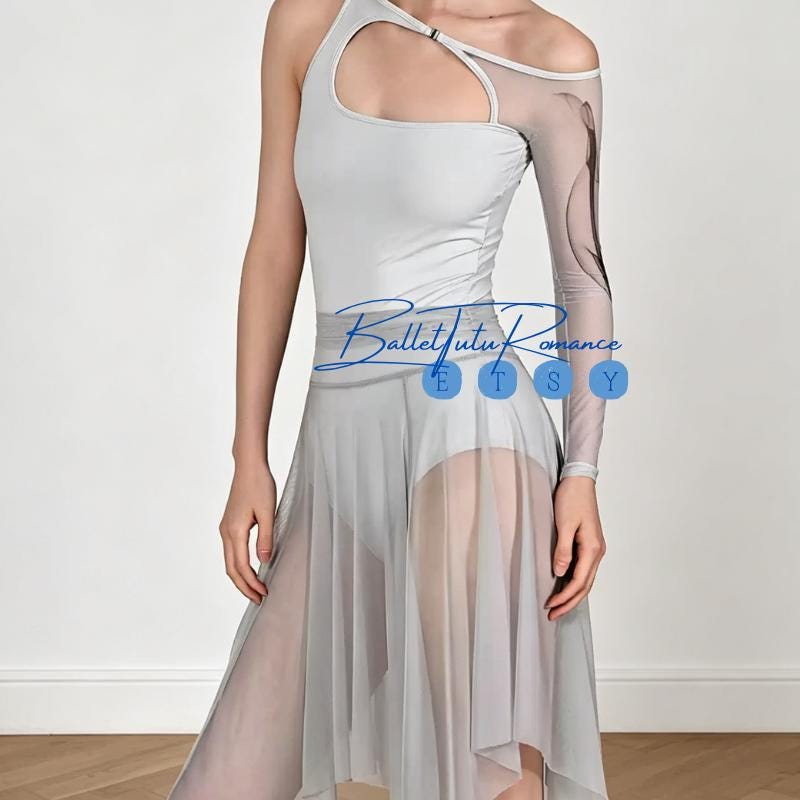 Modern Ballet Leotard, One-Sleeve Sheer Mesh, Light Gray Yoga Gymnastics Bodysuit