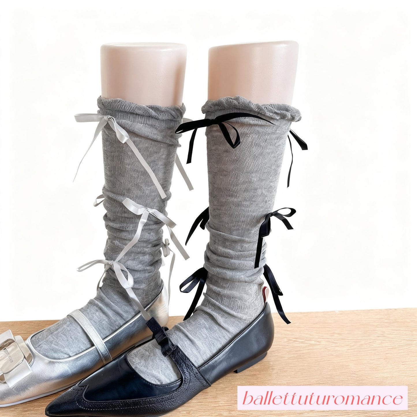 Calf-High Socks, Handmade Ballet Style Bow, Mid-Calf Socks, Elegant Accessory for Mary Jane