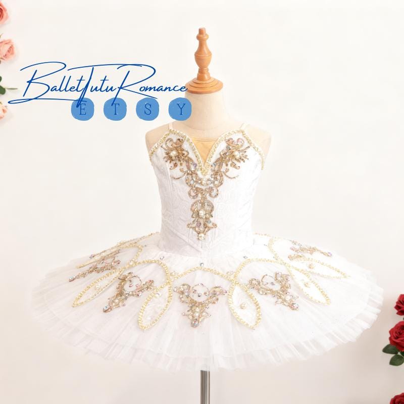 High-End Custom White Ballet Tutu, Gold Pearl Embellished Adult Child Ballet Performance Costume