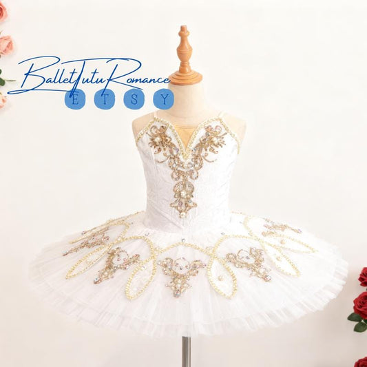 High-End Custom White Ballet Tutu, Gold Pearl Embellished Adult Child Ballet Performance Costume