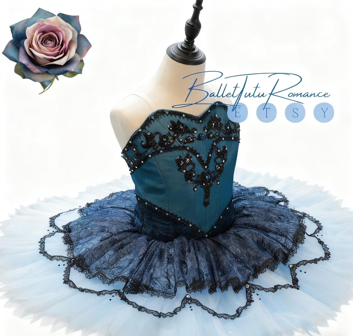 Luxury Teal & Black Lace Ballet Tutu: Custom Performance Costume