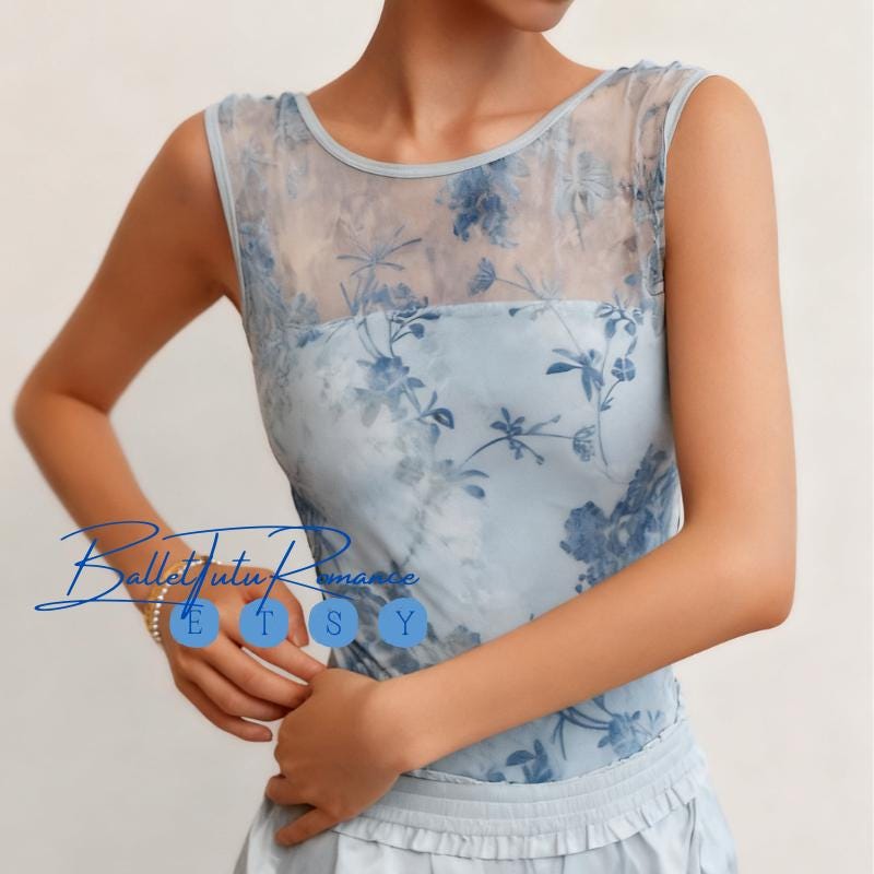 Blue Tie-Dye Sheer Mesh Leotard: Floral Ballet Dance Bodysuit, Lightweight Dancewear for Recitals & Practice