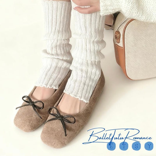 Mary Jane Ballet Flats for Women, Square Toe Bow Winter Fall Flats