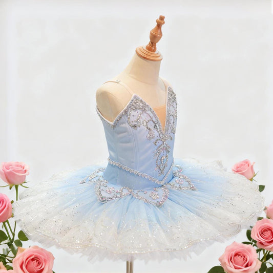 Luxury Light Blue Ballet Tutu: Handcrafted Crystal Performance Dress,Custom Adult Kids, Aurora/Nutcracker