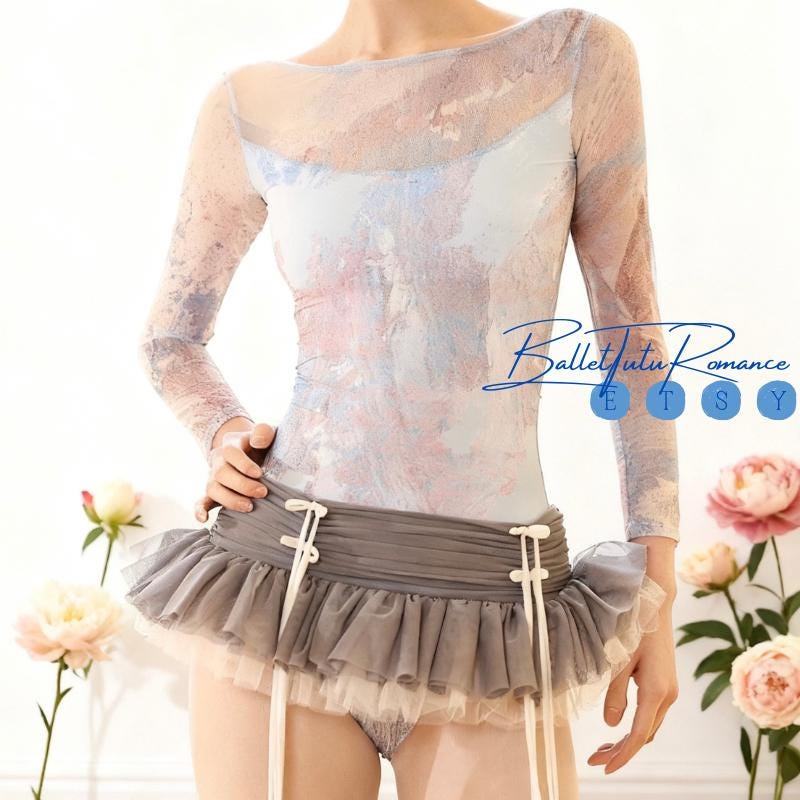 Adult Leotard Oil Painting Ballet Sheer Mesh Dancewear, Backless Women’s Gymnastics Yoga Outfit