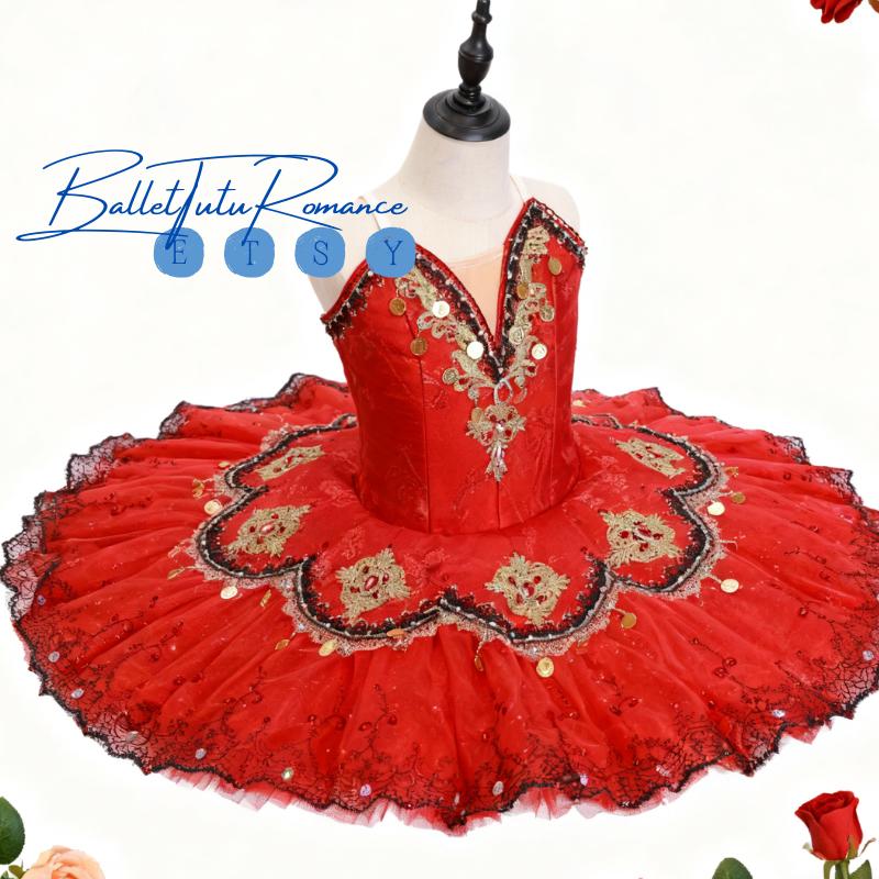 Luxury Handmade Red Embroidered Ballet Tutu, Custom Adult & Child Ballerina Costume for Performances