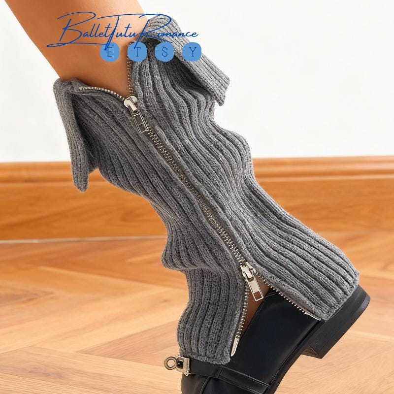 Thick Knit Side Zip Pile Leg Warmers, Y2K Style for Leather Boot Pairing