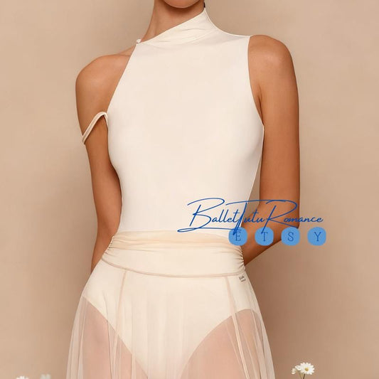 Cream Black Asymmetric Mock Neck Leotard | Sleeveless Adult Ballet Dancewear