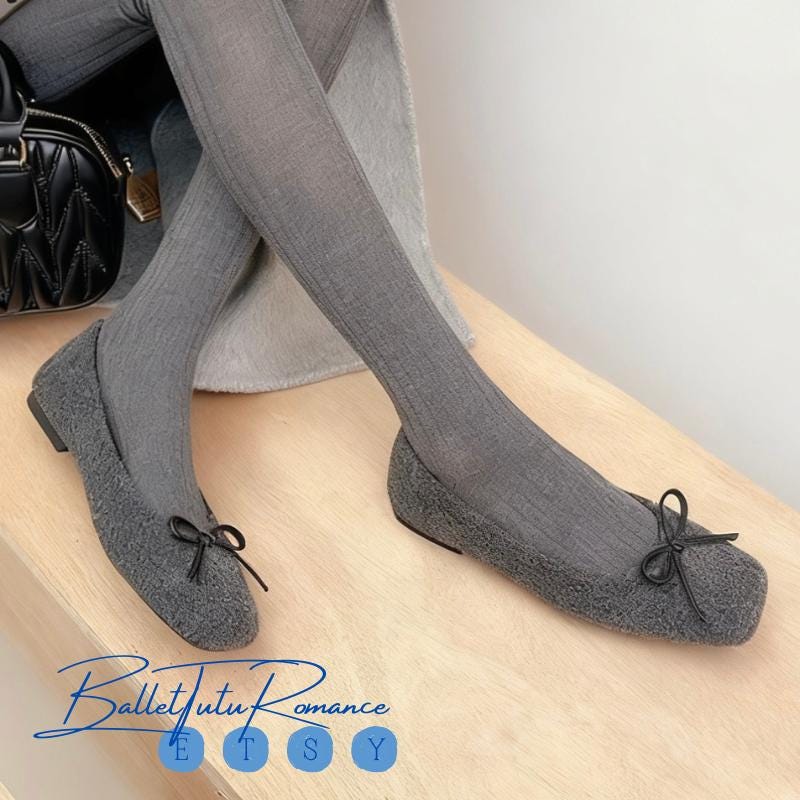 Mary Jane Ballet Flats for Women, Square Toe Bow Winter Fall Flats