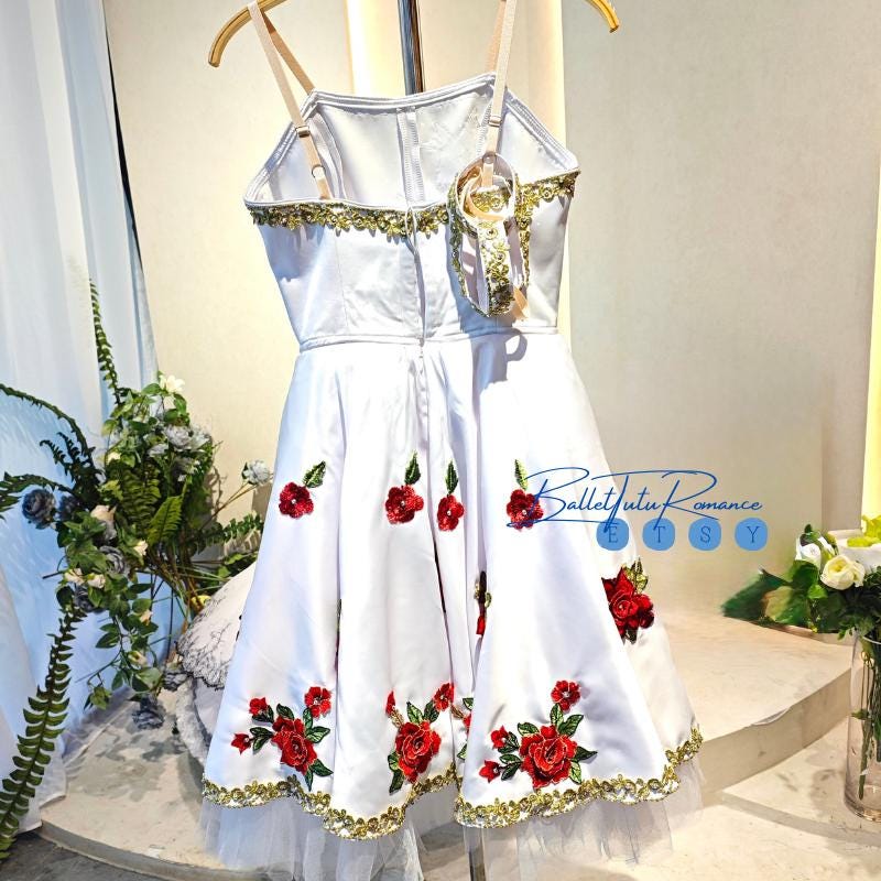 Custom Red Rose Embroidered Long Ballet Tutu Dress | Professional Repertoire Stage Costume