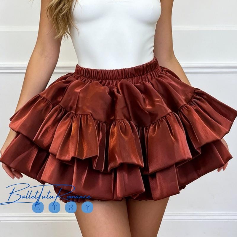 Satin Ruffled Bubble Tutu Skirt, Elastic Waist Mini Puff Skirt, Layered Ruffle, One Size
