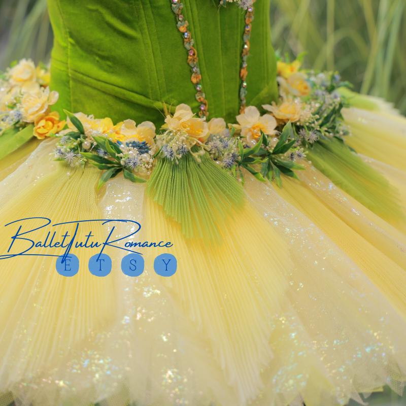 Handmade Green Yellow Floral Tutu: Custom Fairy Ballet Costume for Adults & Kids, Aurora/Nutcracker