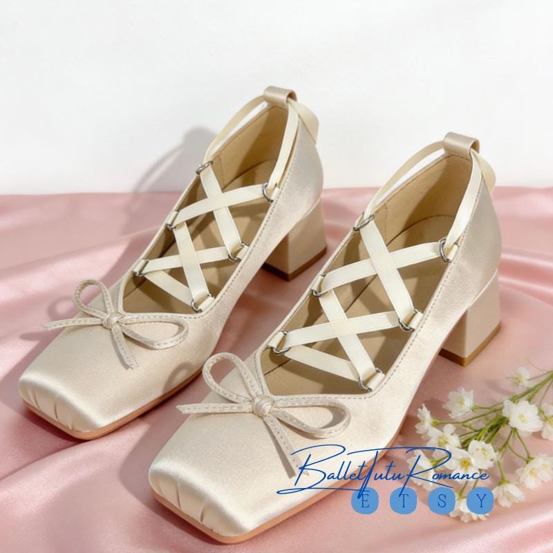Mary Jane Block Heels with Ballet Ankle Ribbon Ties, Bow Ballerina Heels, Daily Wear