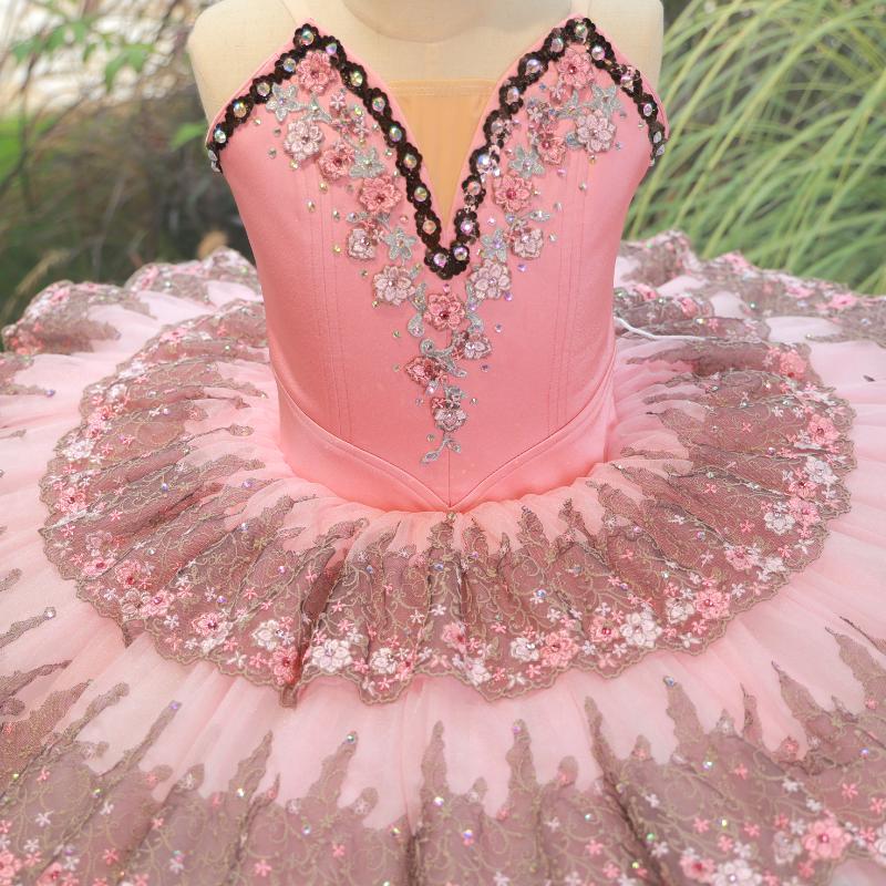 Pink Floral Hand-Embroidered Ballet Tutu, Heavy Craftsmanship Custom Aurora Costume (Adult & Child)