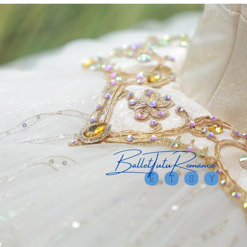 Luxury White Gold Embellished Ballet Tutu, Custom Adult Child High-end Ballet Costume