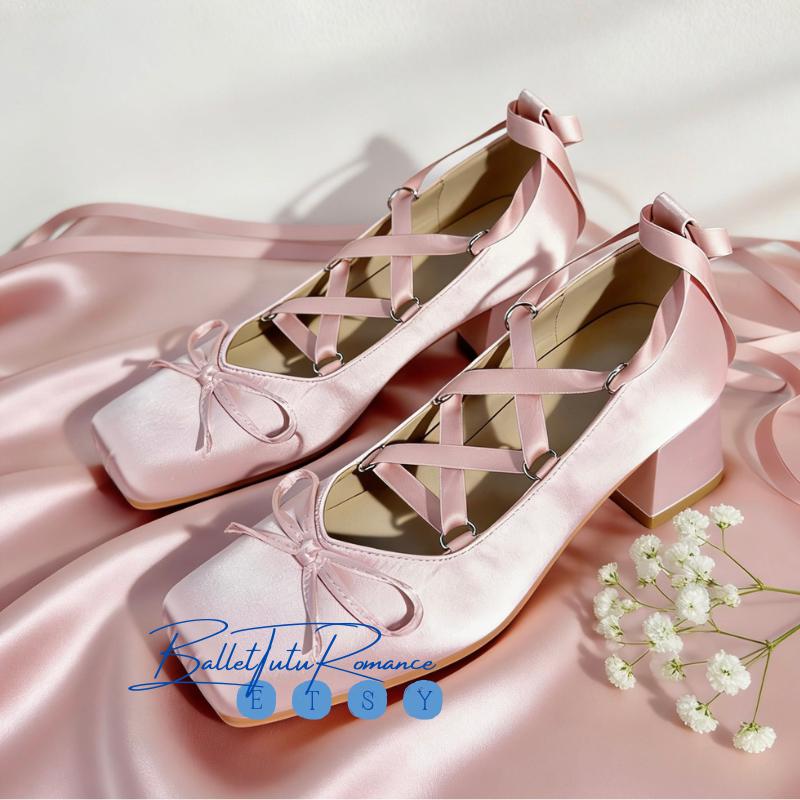 Mary Jane Block Heels with Ballet Ankle Ribbon Ties, Bow Ballerina Heels, Daily Wear