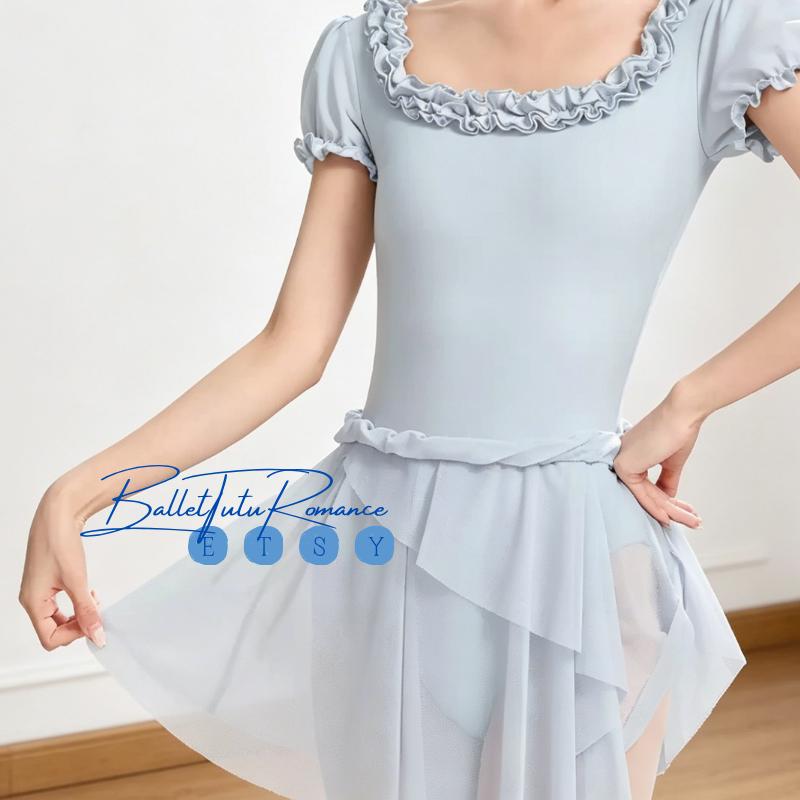 Ballet Leotard,Ruffled Square Neck Short Sleeve, Women's Dance Training Bodysuit