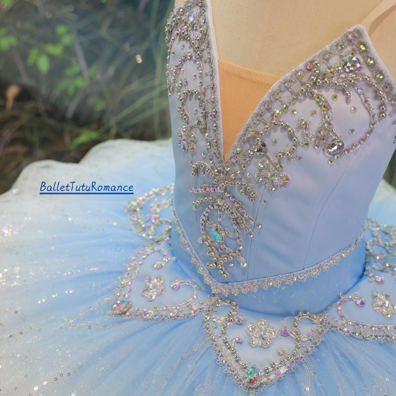 Luxury Light Blue Ballet Tutu: Handcrafted Crystal Performance Dress,Custom Adult Kids, Aurora/Nutcracker