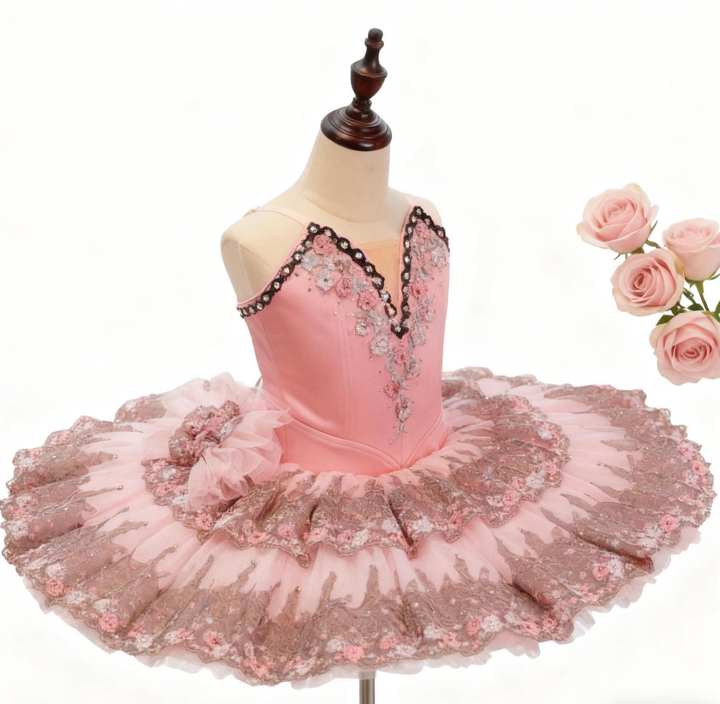 Pink Floral Hand-Embroidered Ballet Tutu, Heavy Craftsmanship Custom Aurora Costume (Adult & Child)