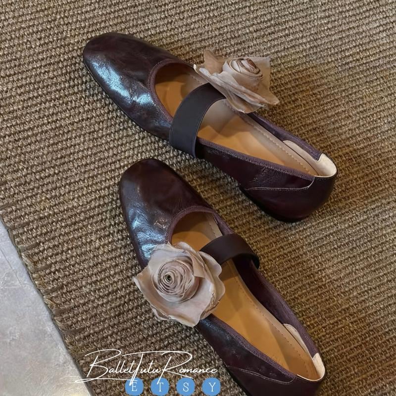 Lambskin Mary Jane Ballet Flats, Handmade Custom High-End Style Shoes with Floral