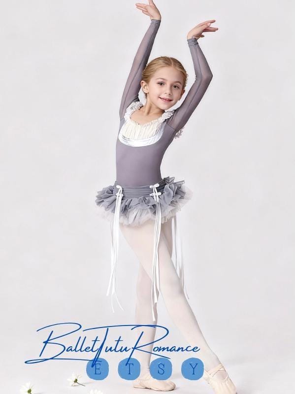 Kids Baroque Ballet Bodysuit & Tutu Skirt Set, Girls Ballet Dancewear, Children’s Dance Outfit