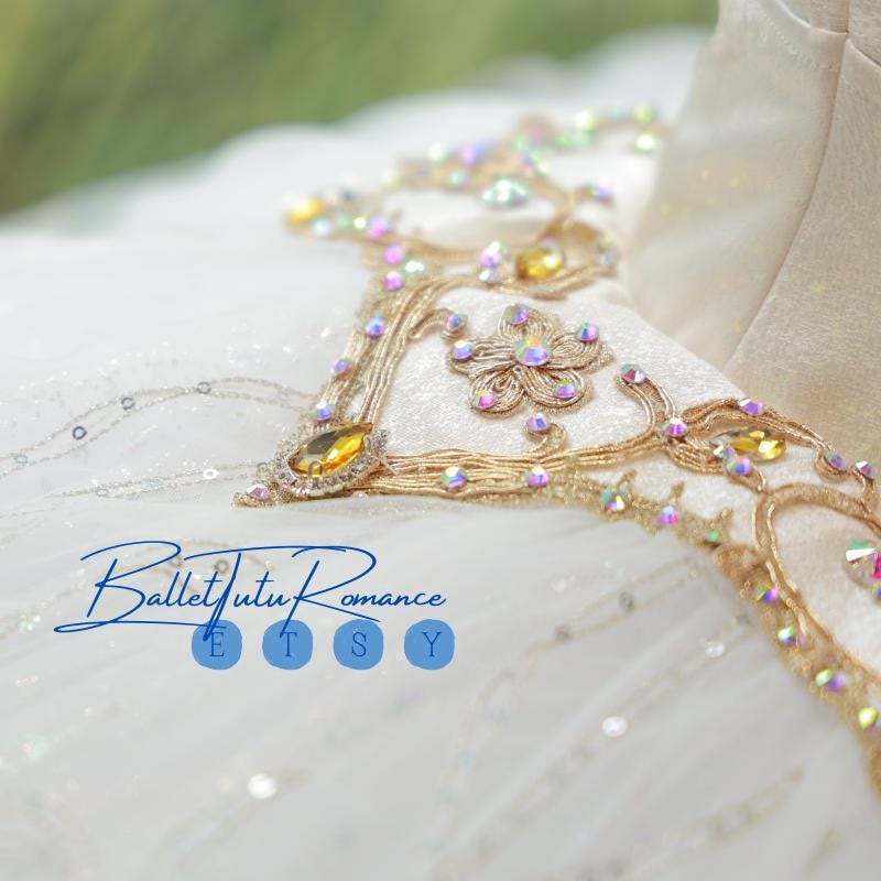 High-End Custom White Ballet Tutu, Gold Pearl Embellished Adult Child Ballet Performance Costume
